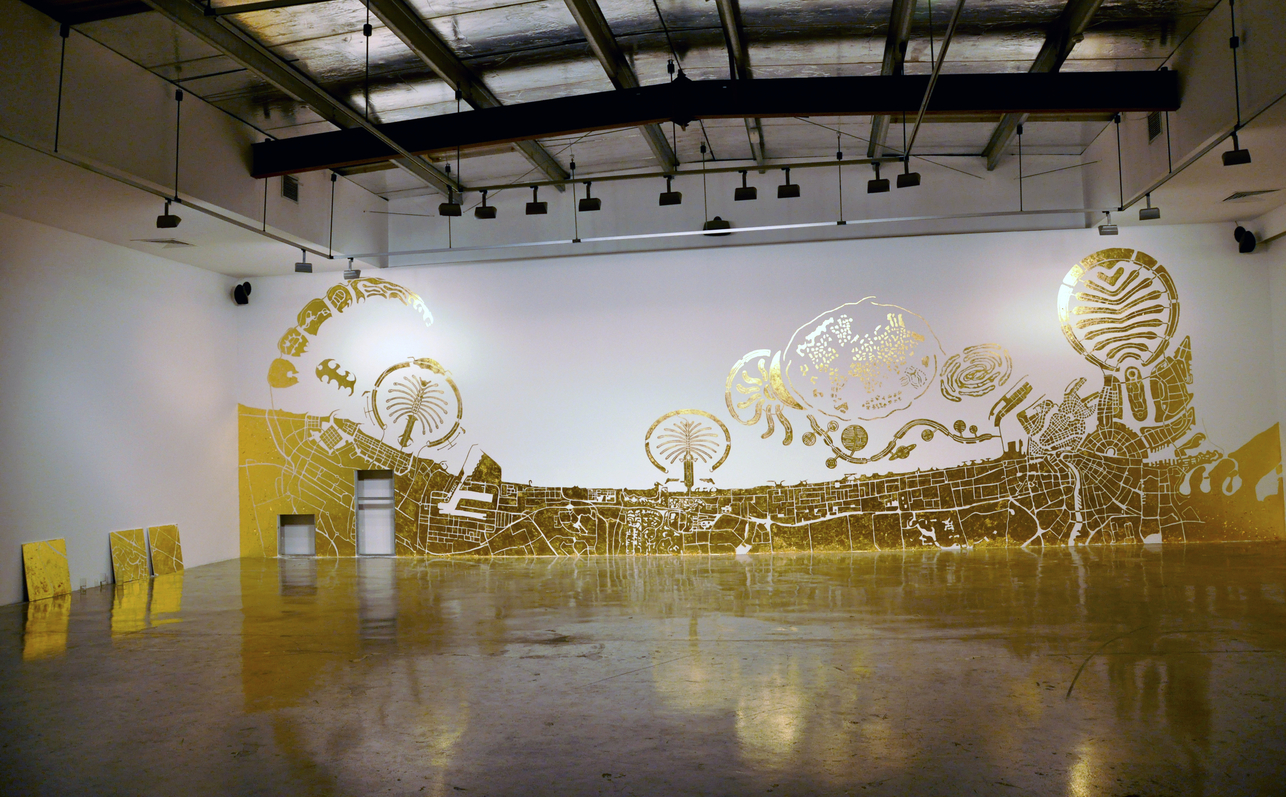 Abbas Akhavan Study for a Map 2010 imitation gold leaf on gallery wall 400 x 1400 cm Installation view at The Third Line