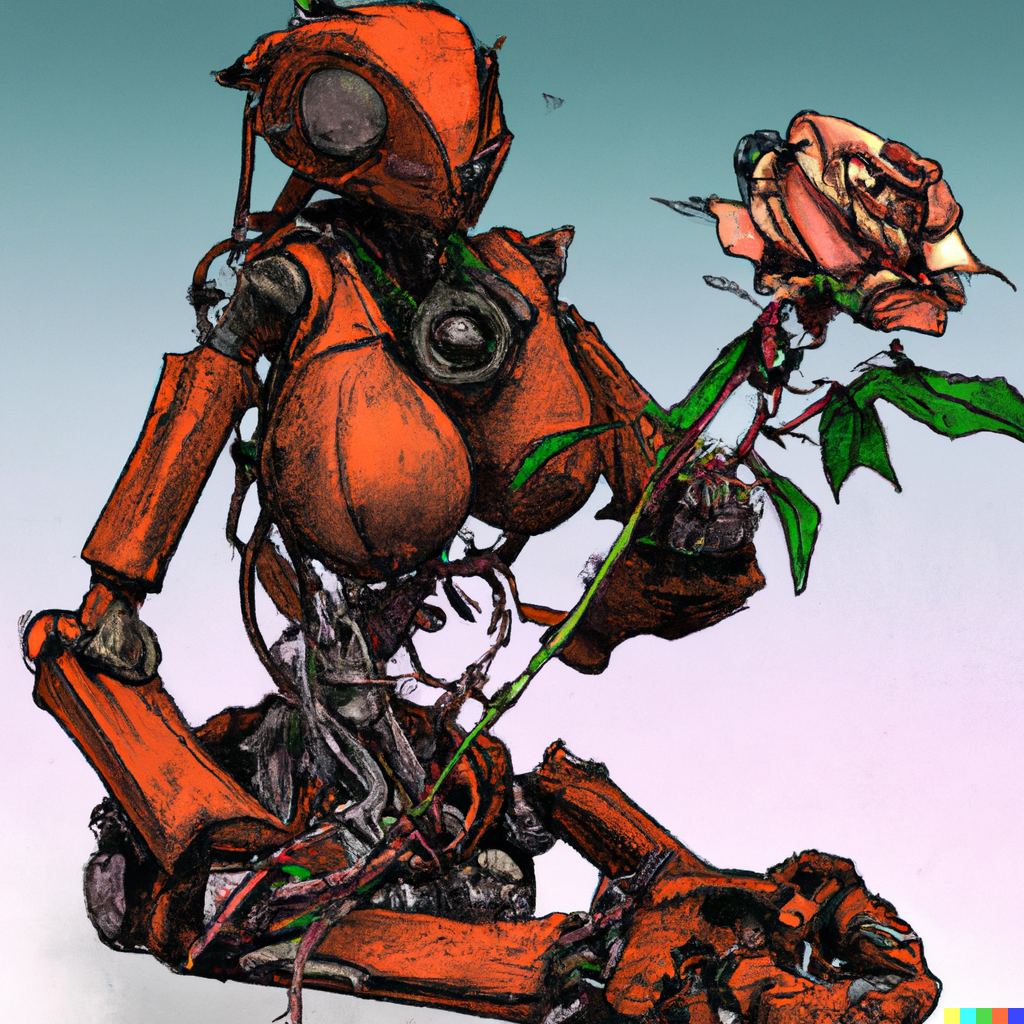 A rusting mechbot cyborg with exposed flesh and skeletal sections and wires holding a flower by DALLE-2