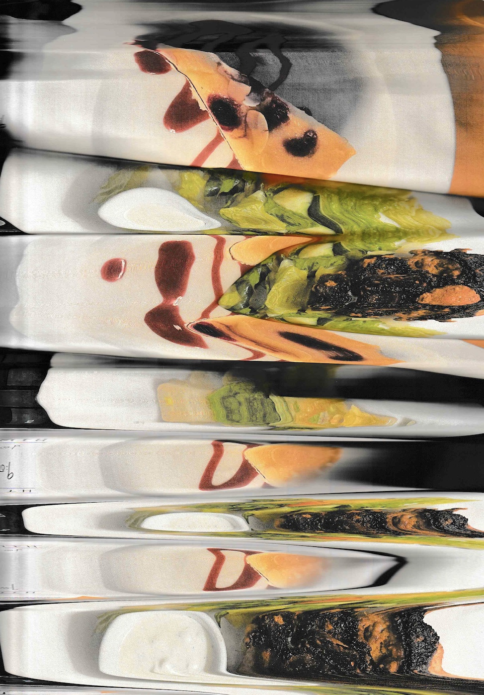 All works 2021. From left to right: American Style Cheesecake, Dinner 1, Dinner 2, Roast Lamb, Steel Magnolias 1989