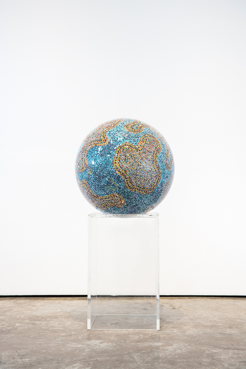 Monir Shahroudy Farmanfarmaian Manzar 2016 Reverse glass painting on plastofoam 75 inch diameter 1